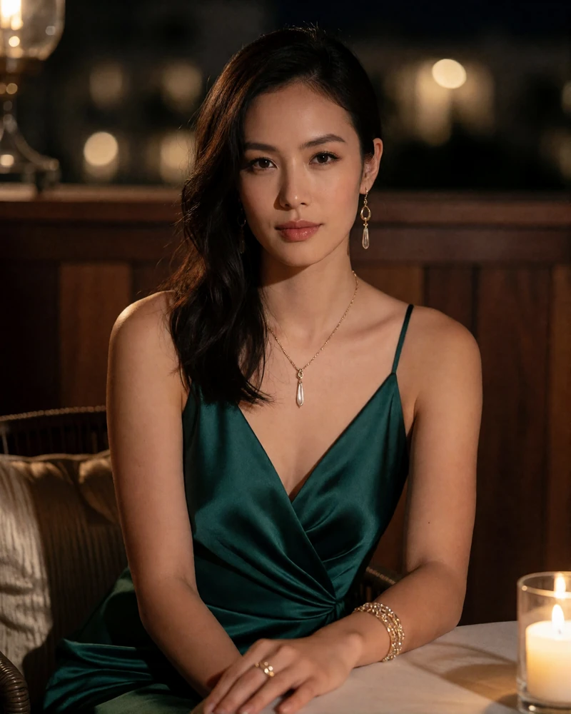 Elegant woman in an emerald satin gown seated at a candlelit rooftop lounge in Las Vegas
