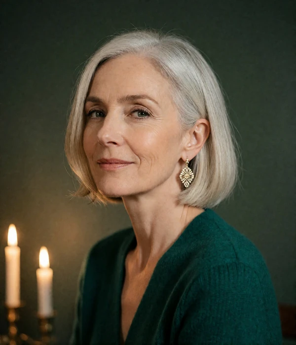Elegant woman with a polished silver bob in an emerald cashmere top, an illustrative member portrait