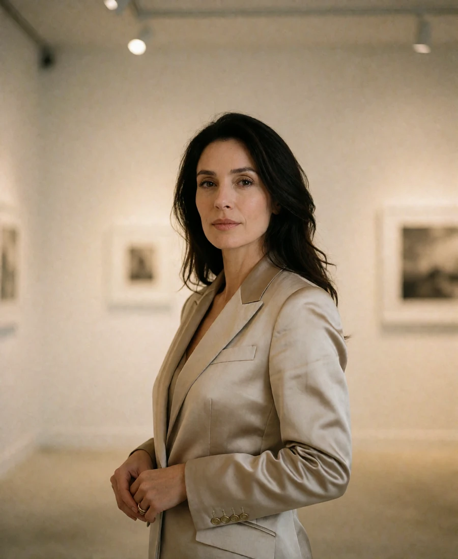 Woman in her late thirties in a champagne-toned blazer standing in a minimal Miami design-district gallery