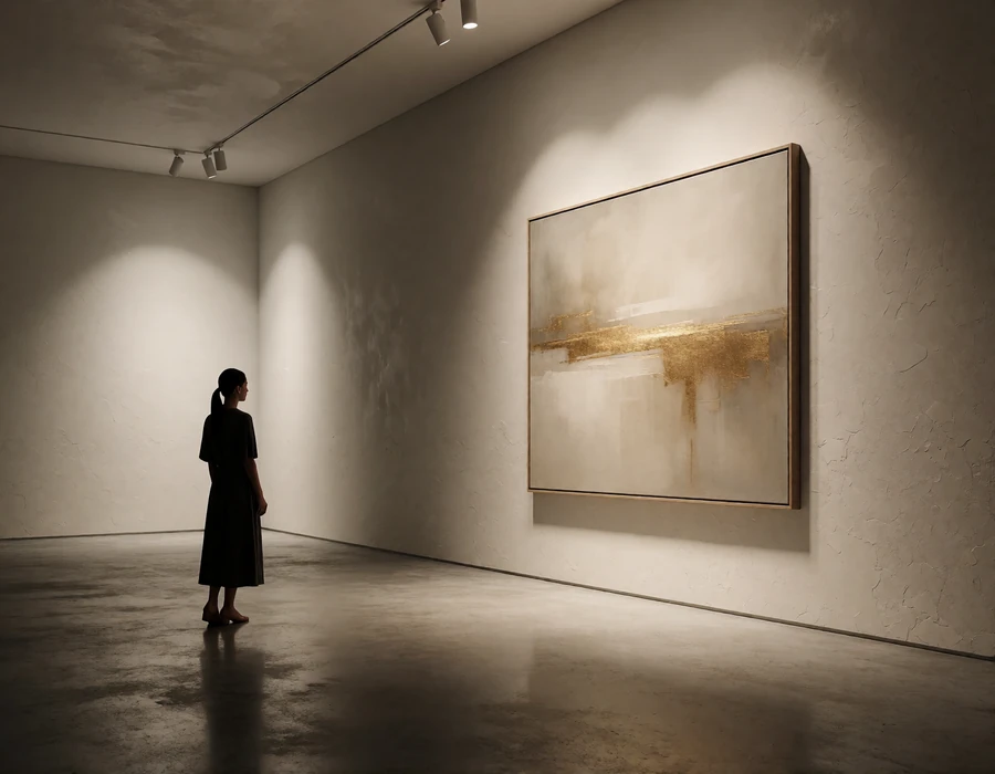 Contemporary private art gallery interior at night with soft spotlights on an abstract canvas and polished concrete floor