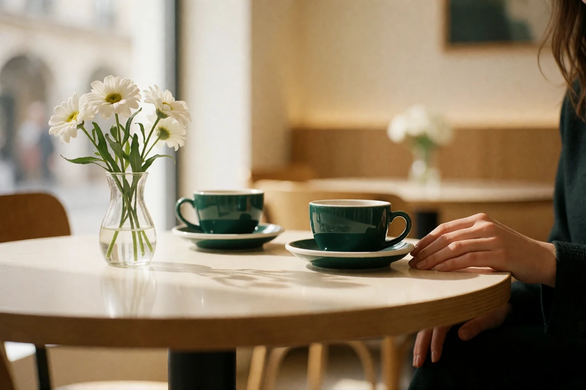 Bright café table for two set with coffee cups and white flowers in a Houston daylight interior