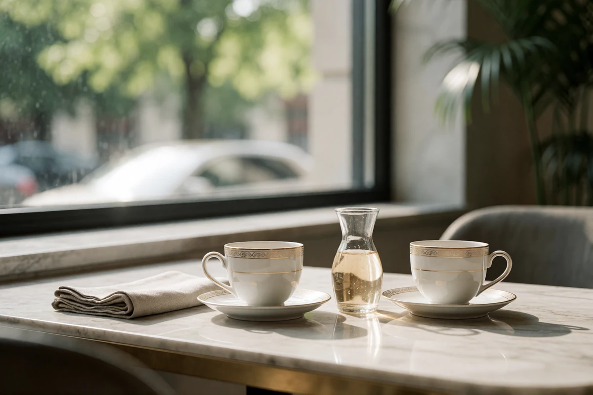 Bright café table set with porcelain cups near a sunlit window in Chicago
