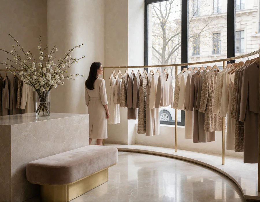 Bright upscale boutique interior in Cherry Creek with a woman browsing garments beside a marble console