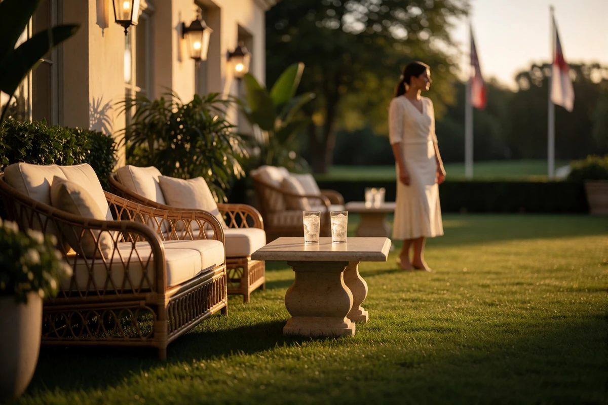 Private club terrace at golden hour with rattan seating overlooking manicured Dallas grounds