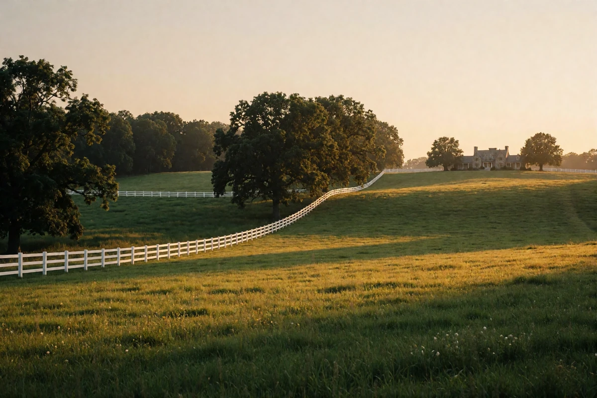 Rolling green Tennessee horse country at golden hour with a white fence line leading toward a distant stone estate