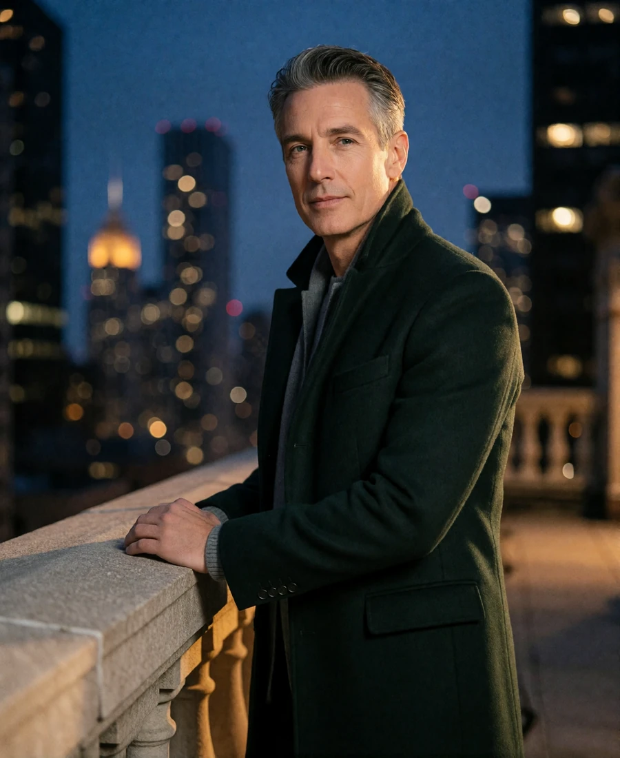 Elegant grey-haired man in a dark green overcoat on a rooftop terrace overlooking the Chicago skyline at dusk