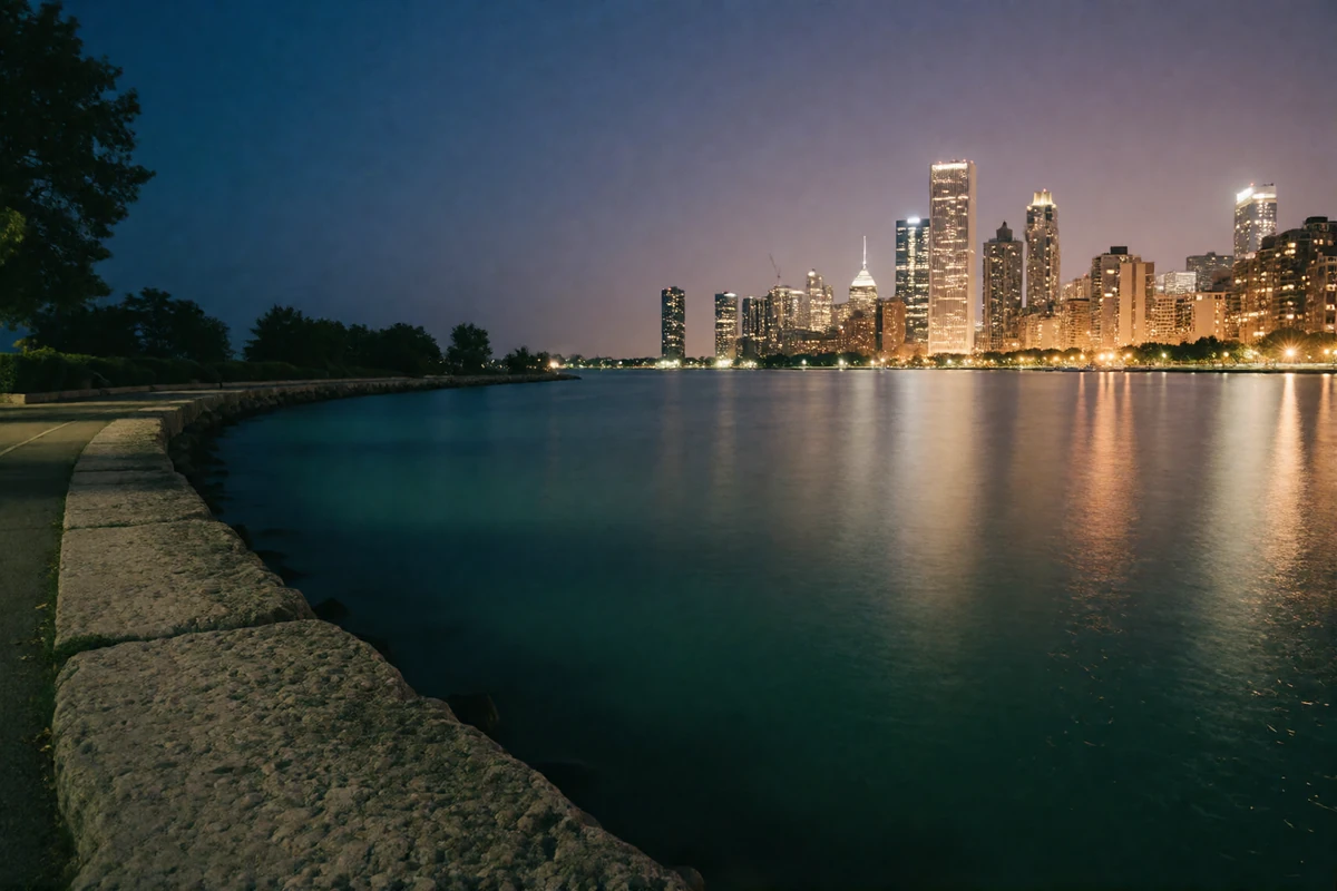 Calm Lake Michigan waterfront path at blue hour with the Chicago skyline glowing softly in the background