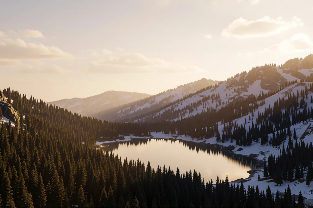 Rocky Mountain valley at golden hour with a still alpine lake and layered snow-touched ridges