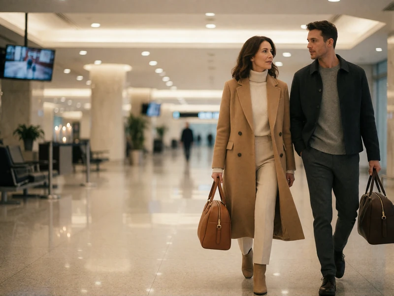 Accomplished woman in a camel coat and a younger man walking together through a quiet upscale airport departure lounge