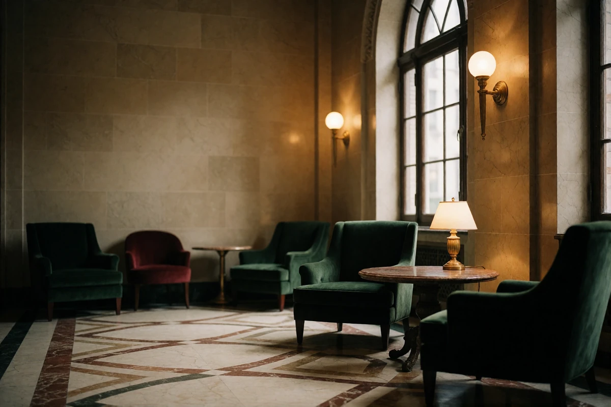 Grand Chicago hotel lobby lounge with velvet armchairs and warm sconce light in the early evening