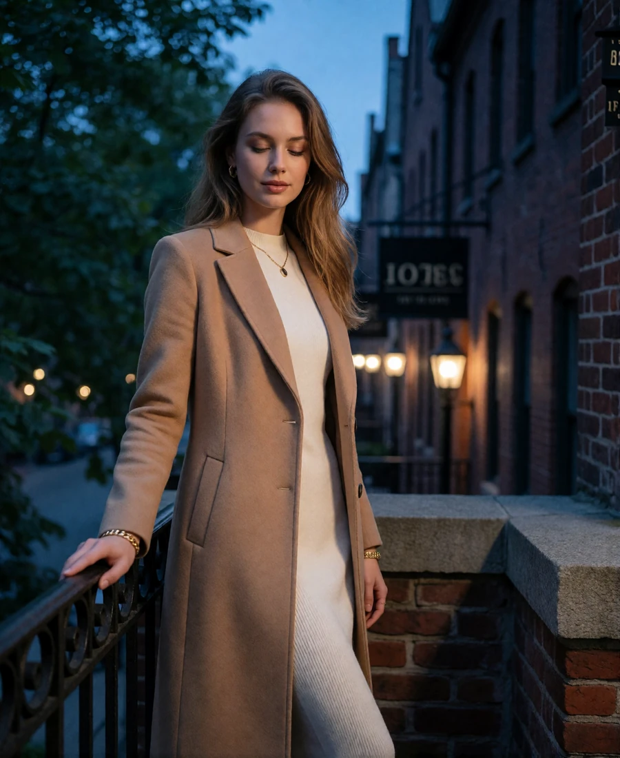 Woman in a camel coat standing on a stone terrace of a historic brick district at blue hour