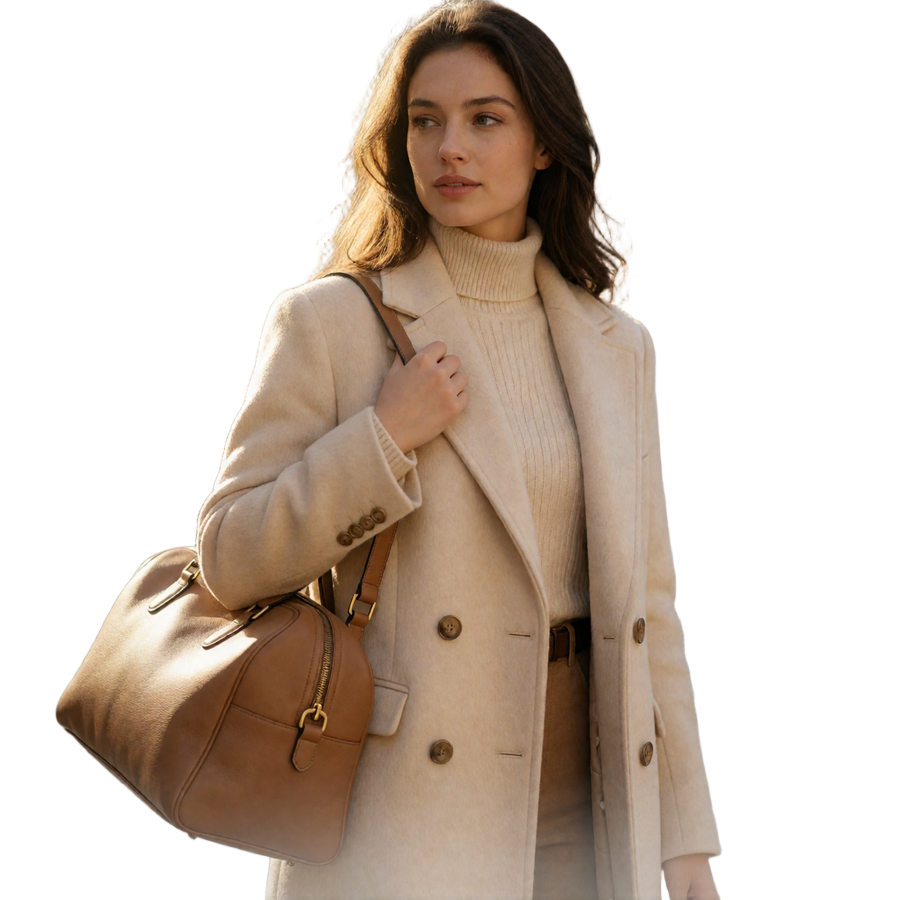 Elegant woman in a cream travel coat with a leather weekend bag, representing travel companionship in sugar baby dating