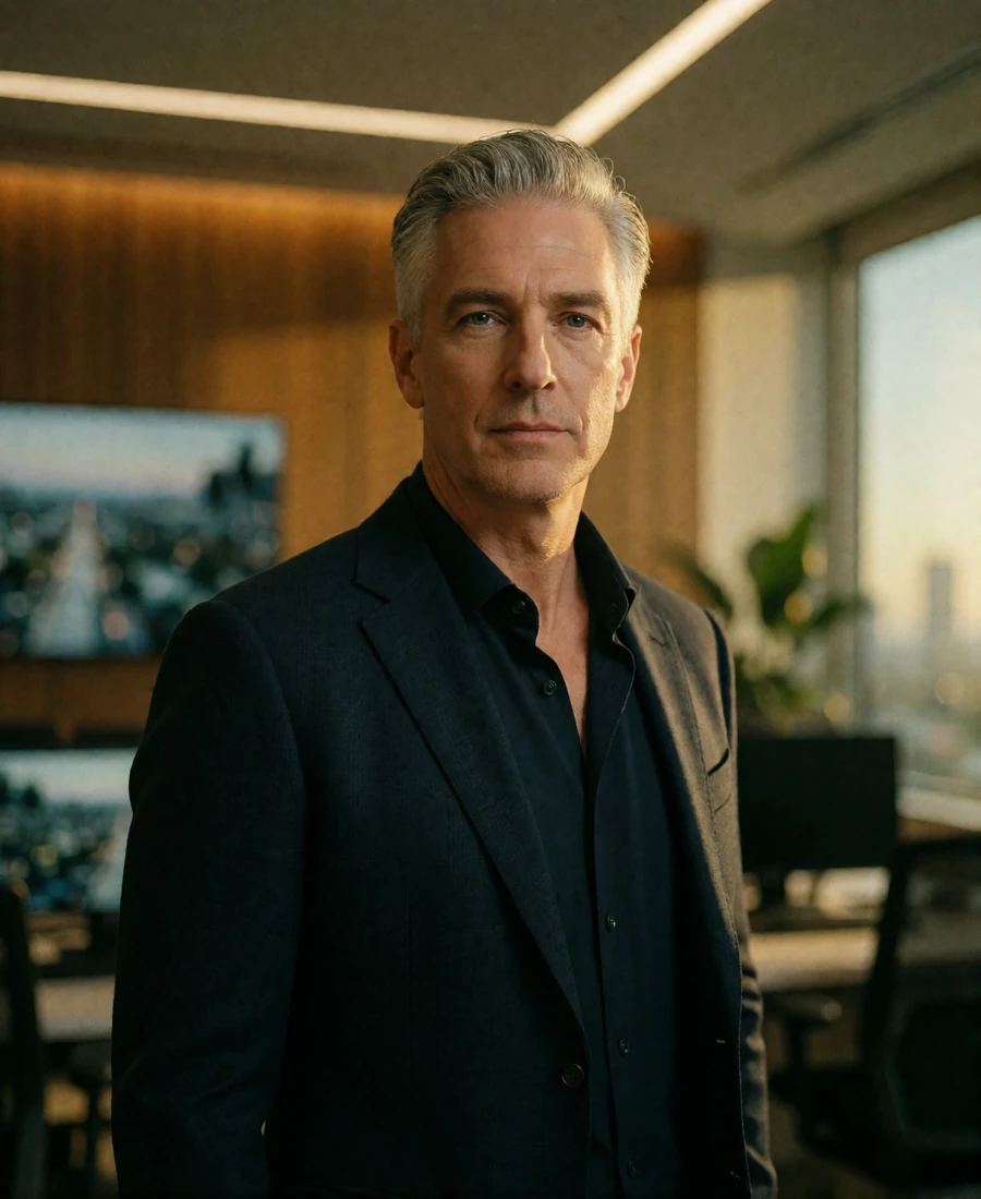 Composed man in a dark navy blazer standing in a modern Studio City office interior
