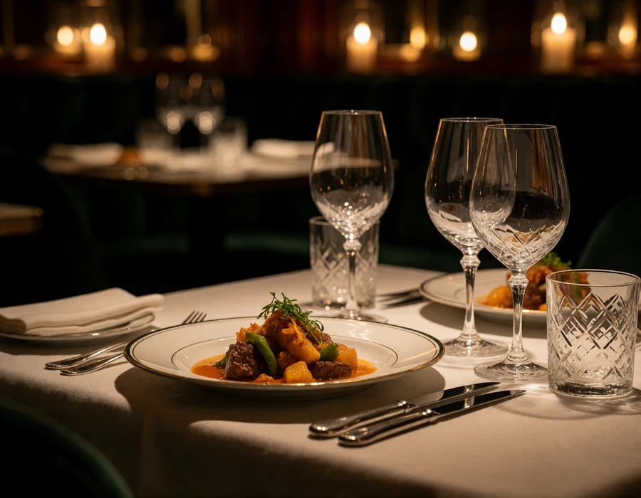 Intimate fine dining table for two set with crystal glasses and a plated course in a dark upscale Las Vegas restaurant
