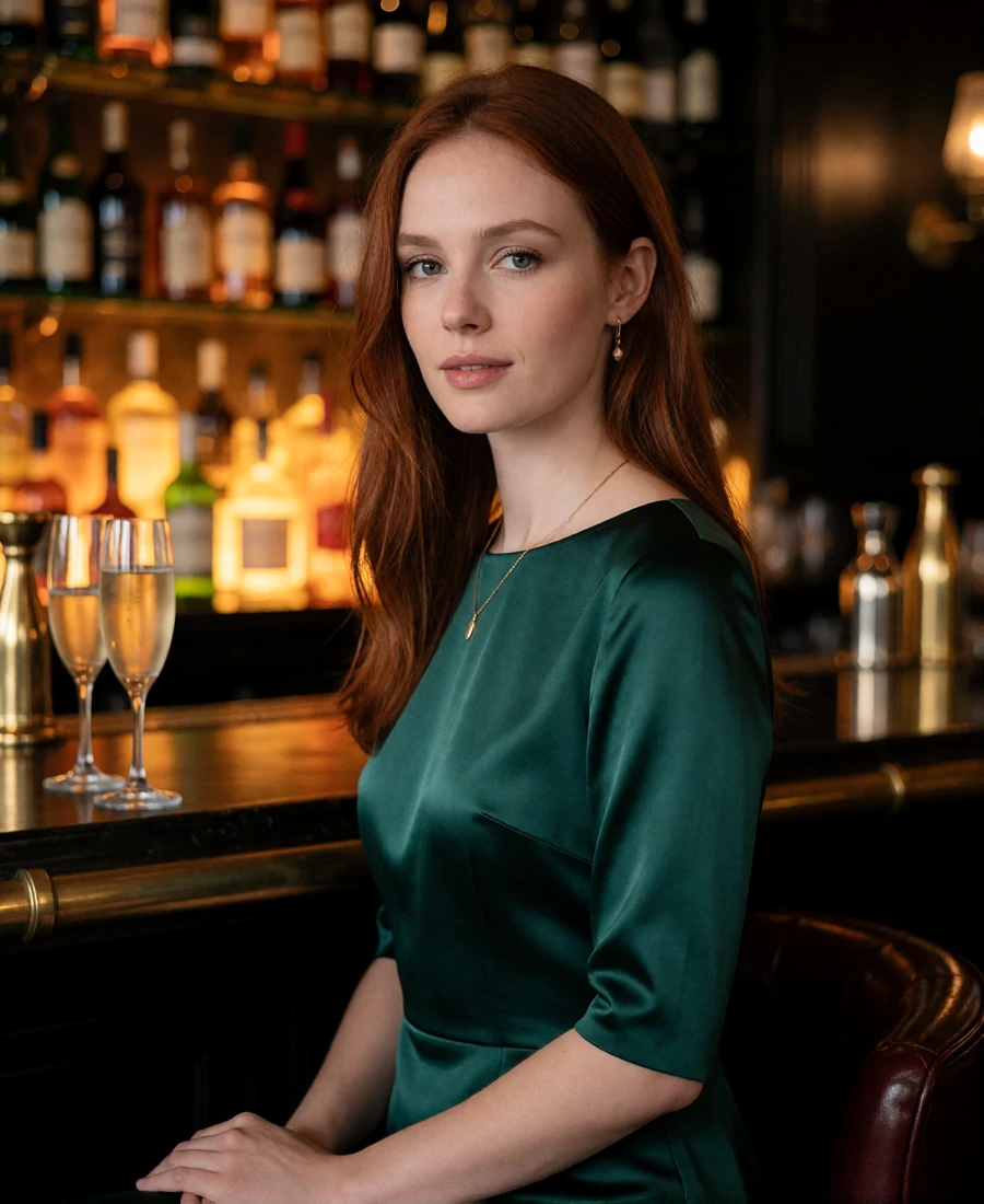 Elegant auburn-haired woman in an emerald satin dress seated at a dark-wood cocktail lounge bar in Nashville