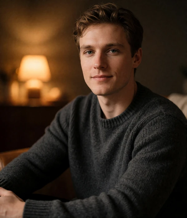 Man in his mid twenties in a charcoal knit seated in warm lamplight, an illustrative member portrait