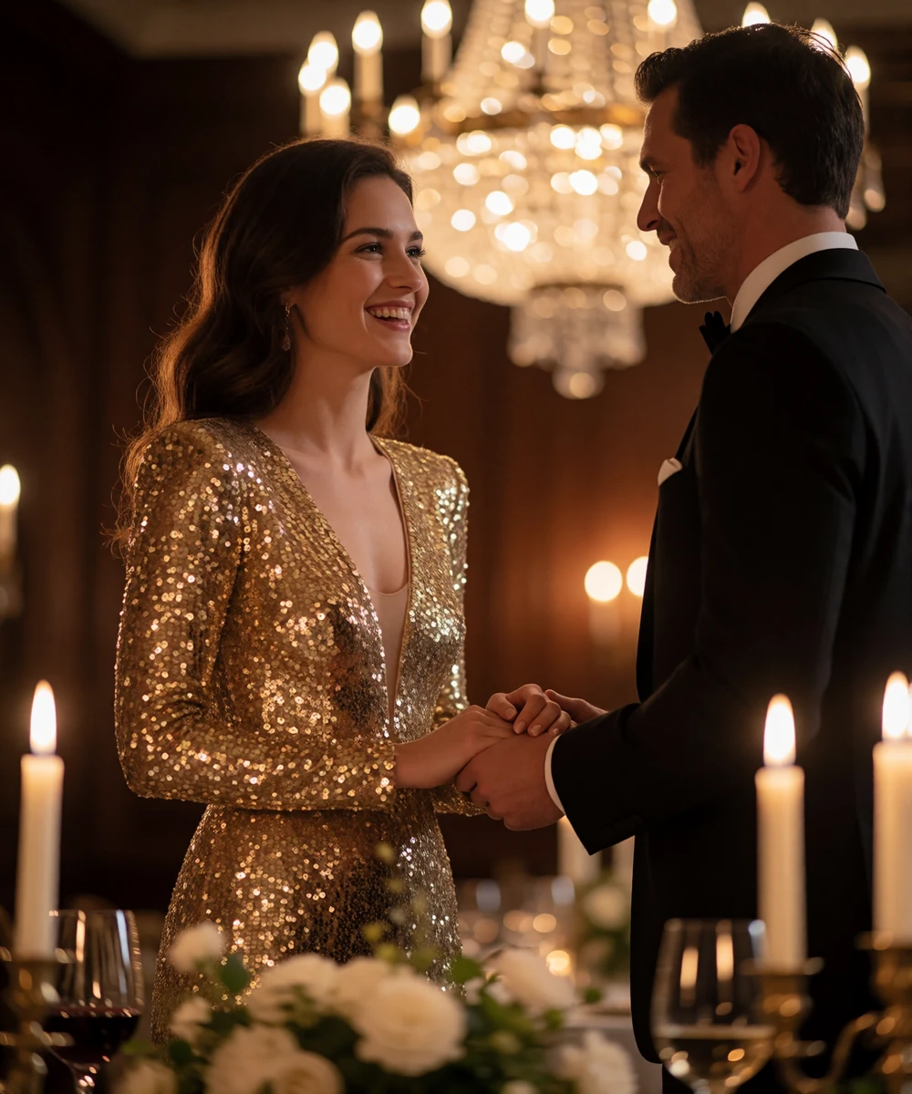 Smiling couple holding hands at a candlelit ballroom dinner
