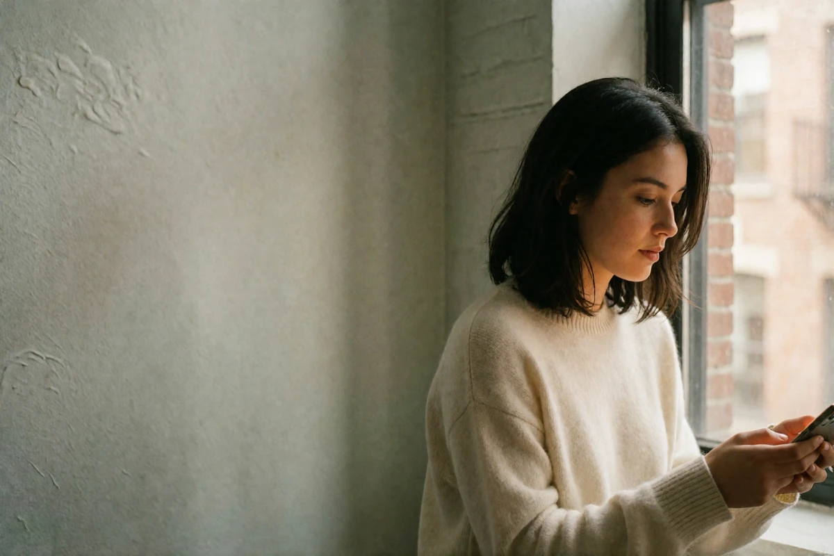Woman in an ivory cashmere sweater seated by a window, holding a phone turned away from view, representing privacy on the platform