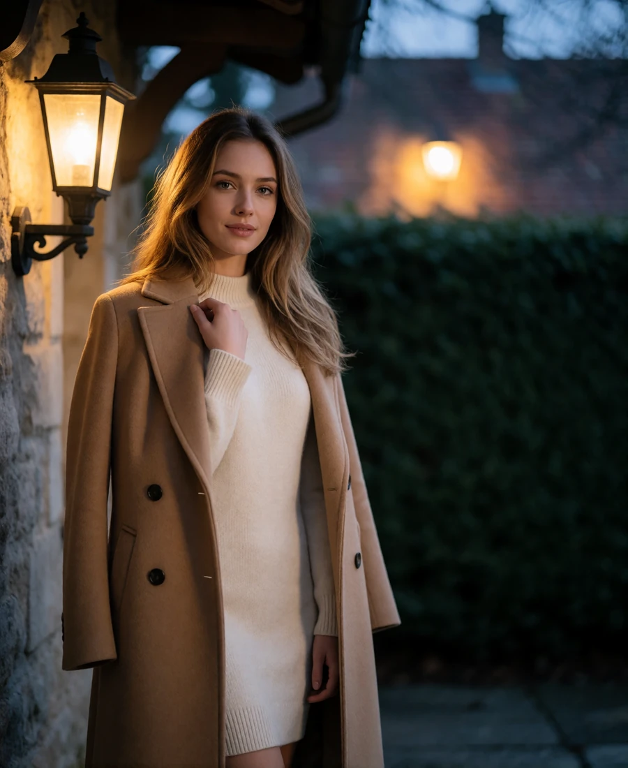 Woman in a camel wool coat standing on a stone terrace on a crisp evening with lantern light