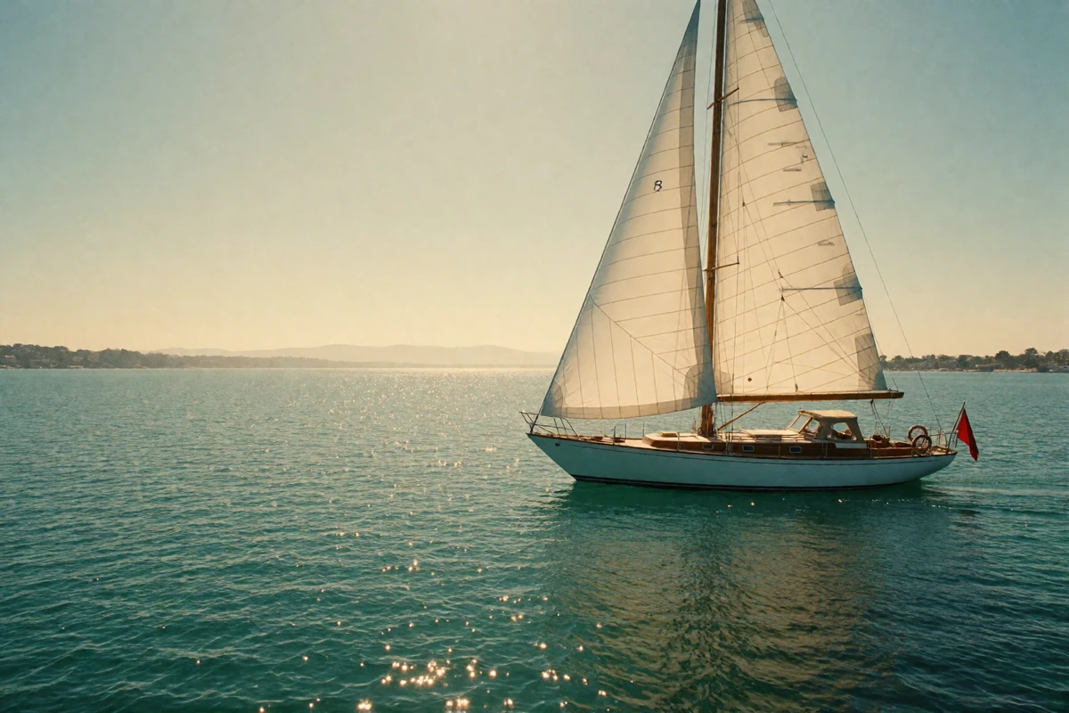 Classic sailing yacht on calm San Diego bay water in late afternoon light