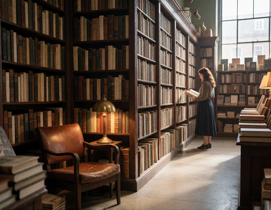Quiet reading corner in a large independent Portland bookshop with tall timber shelves and warm lamp light
