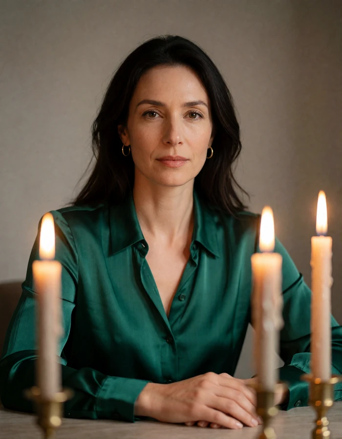Woman in an emerald silk blouse seated at a desk in soft window light, an illustrative member profile