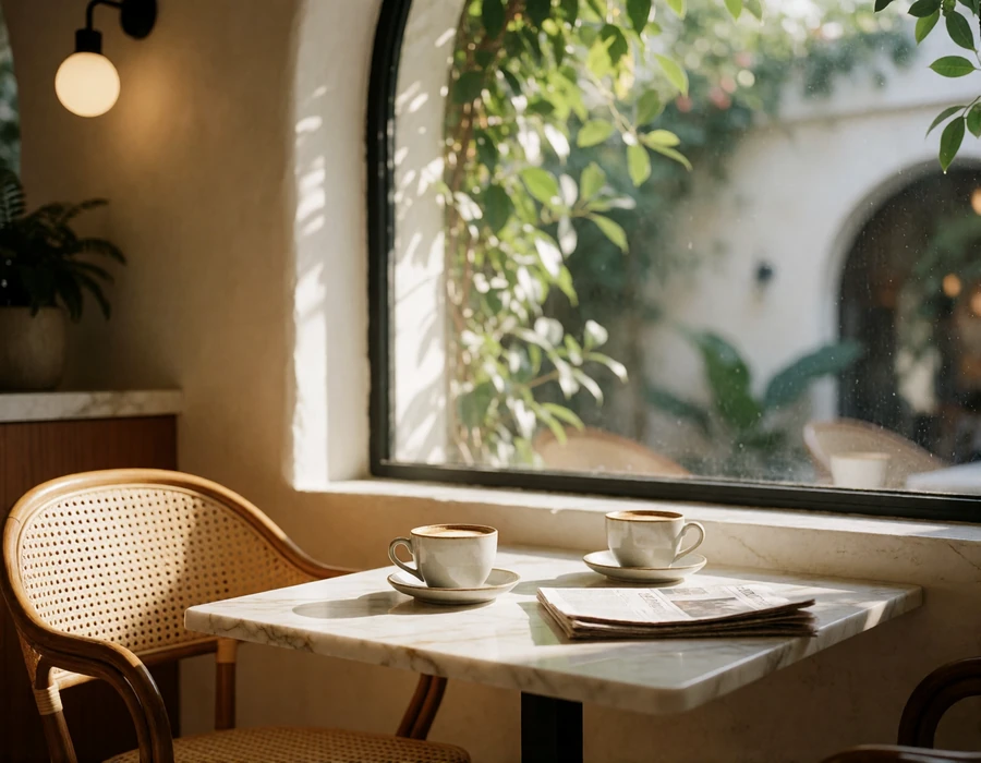 Bright café interior with a marble table by an arched window and two cups of coffee, softly lit by daylight
