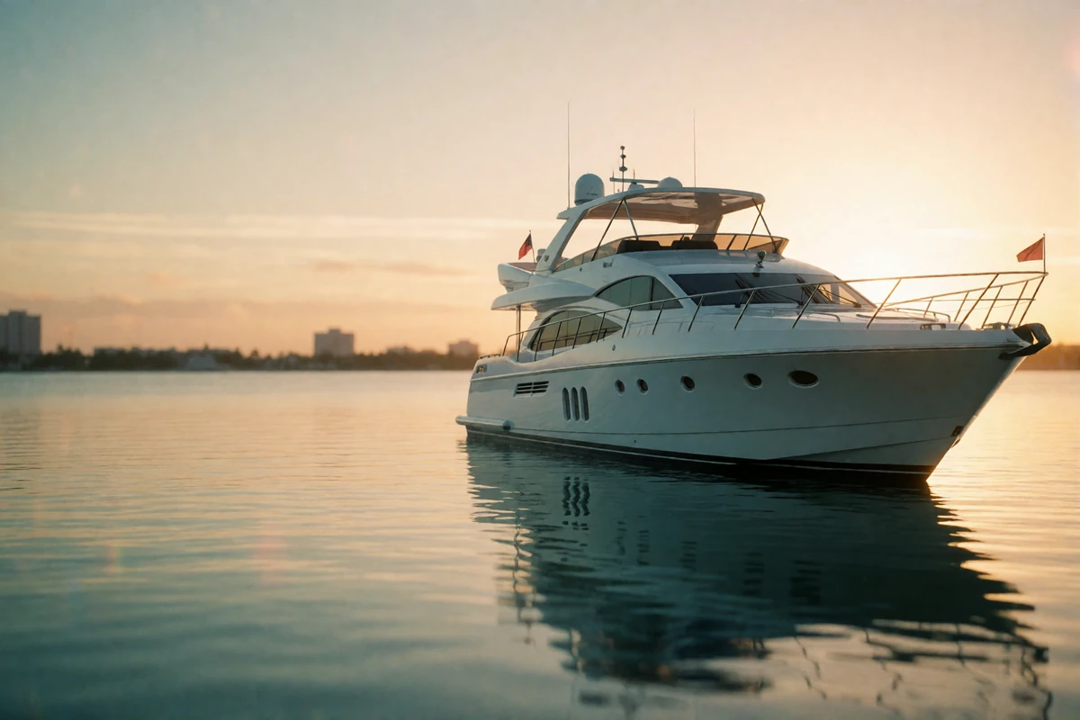 Sleek white motor yacht anchored in calm Miami waters at sunset with a hazy golden sky