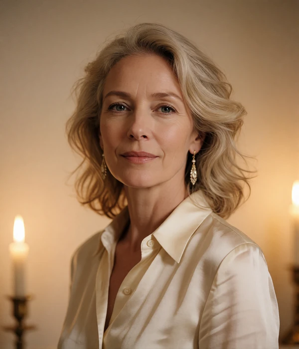 Elegant woman with softly waved light hair and a serene smile, an illustrative member portrait