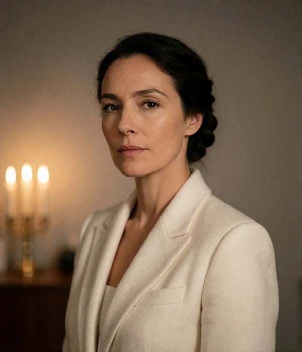 Confident woman in a tailored ivory blazer in a quiet office, an illustrative member portrait