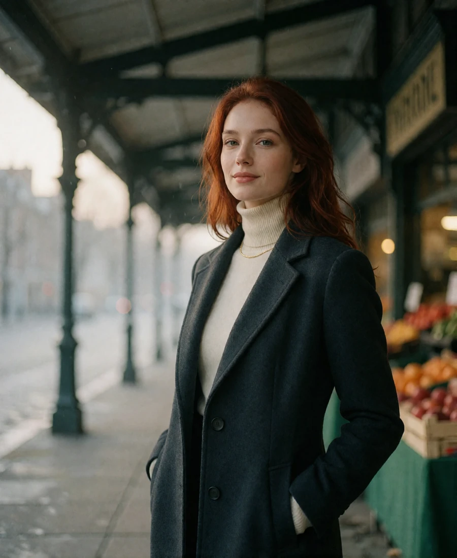 Auburn-haired woman standing under a covered arcade on a soft grey Seattle morning