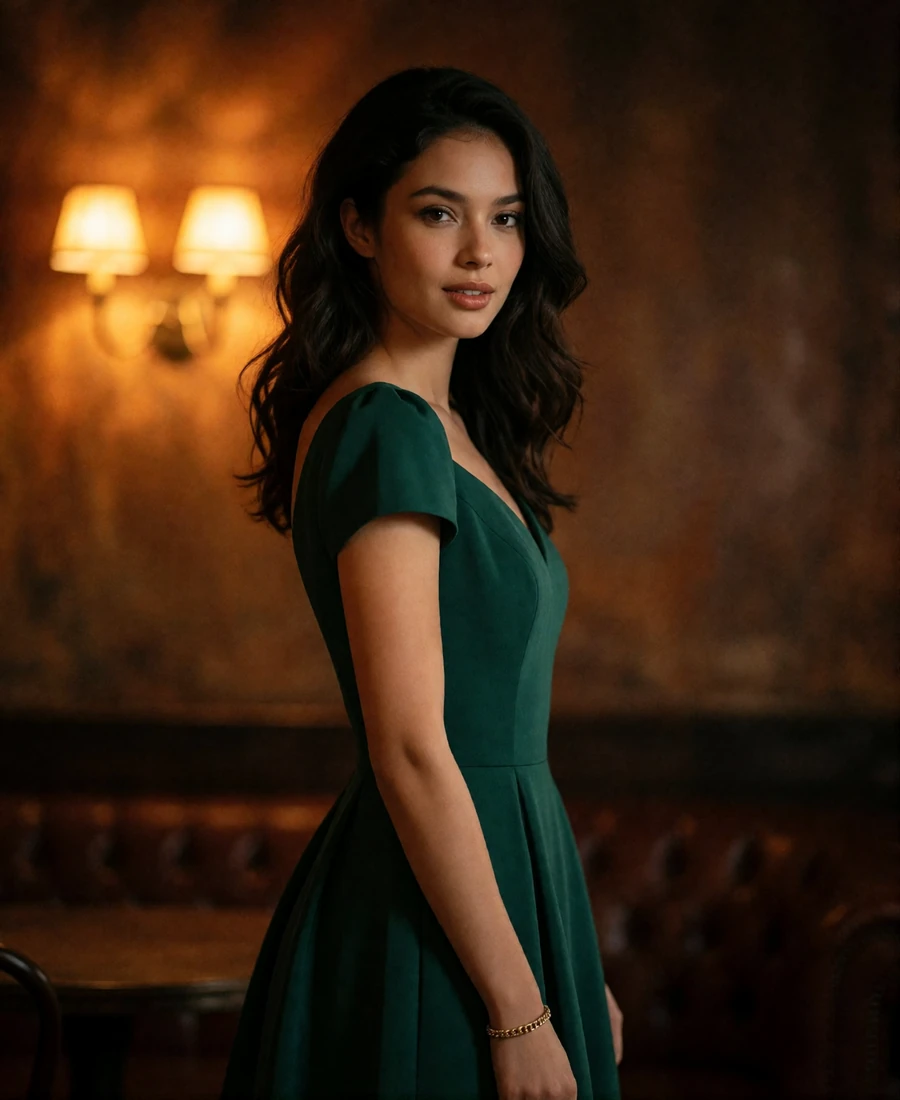 Woman in a deep emerald cocktail dress standing in a warmly lit Phoenix lounge at night