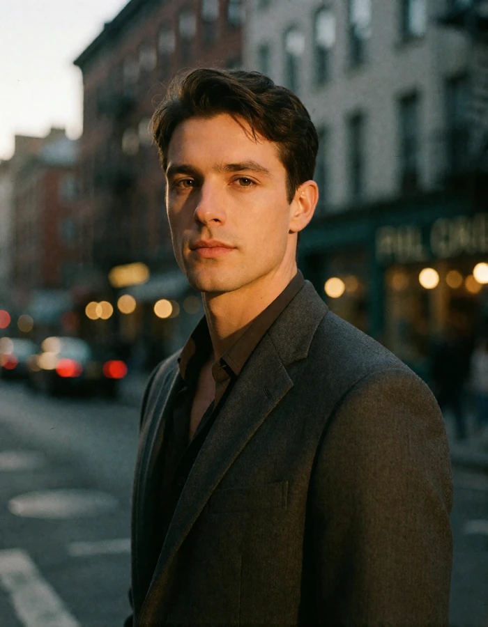Man in a charcoal suit standing on a city street at dusk, an illustrative verified profile on our cougar dating site