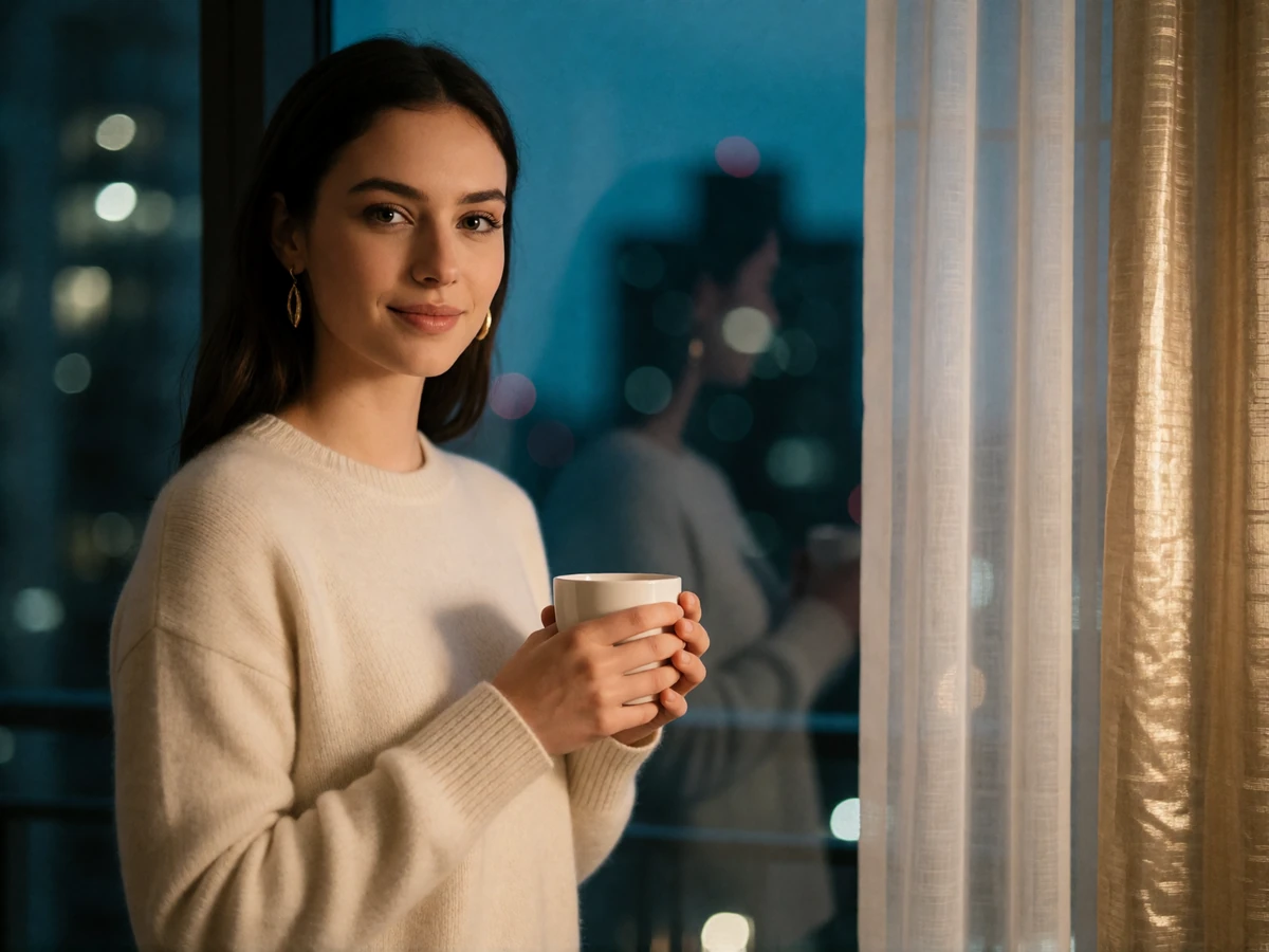 Poised young woman holding a cup beside a tall window overlooking the Chicago skyline at dusk