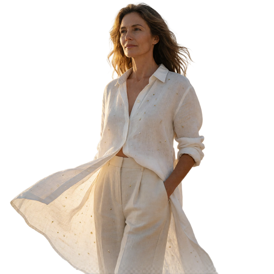 Elegant woman in white linen standing confidently on a yacht deck at golden hour, representing sugar mama dating site members