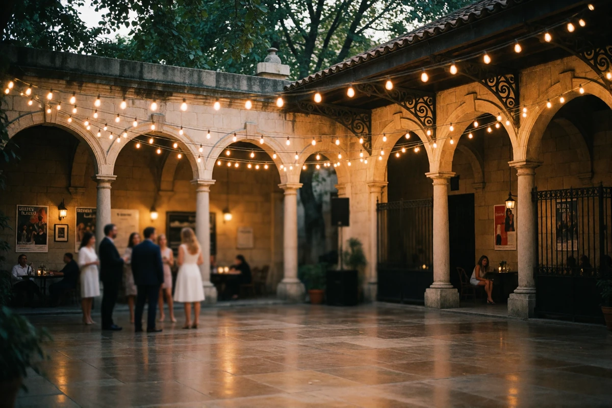 Elegant San Diego theatre courtyard with warm evening lights