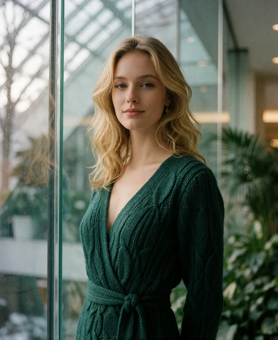 Elegant woman with blonde waves in an emerald knit dress standing inside a light-filled glass atrium