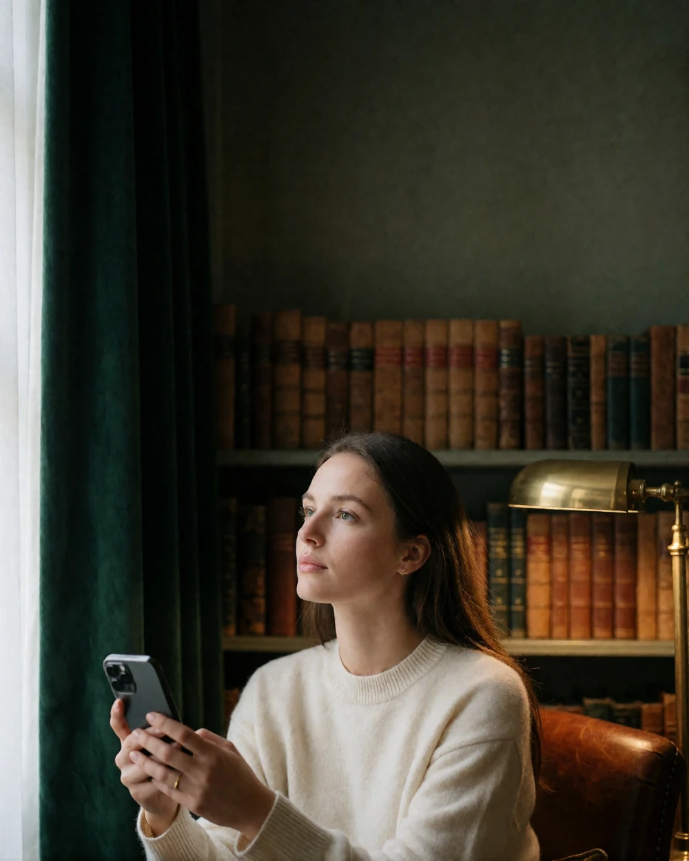 Poised woman in an ivory sweater seated in a quiet hotel library alcove, phone held low and turned away from view