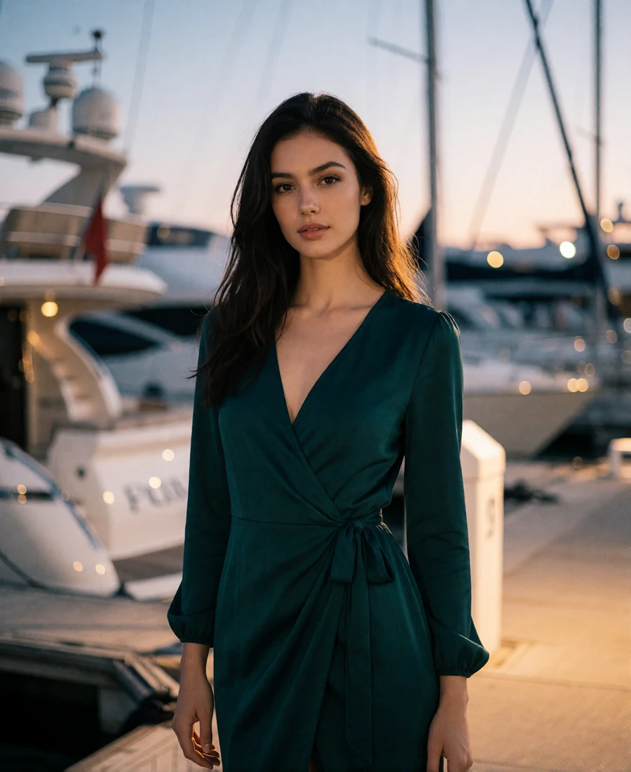Woman in an emerald wrap dress at a marina for a San Diego sugar dating profile example