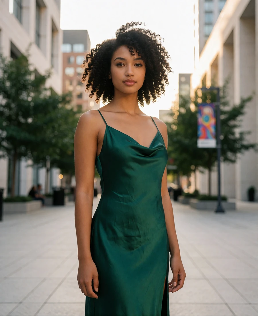 Graceful young woman with curled dark hair in an emerald silk gown in the Dallas Arts District at late afternoon