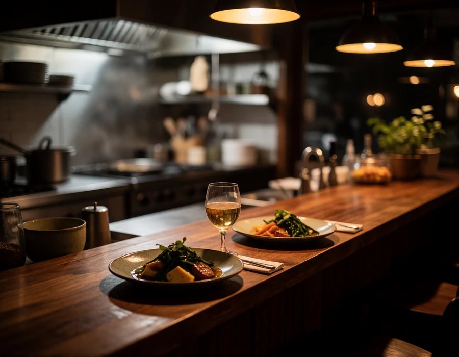 Intimate chef counter set with two plated seasonal courses in a warmly lit Portland restaurant
