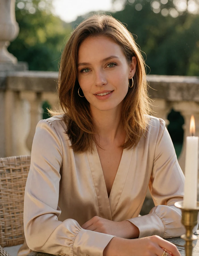 Woman with caramel hair in a champagne satin blouse seated on a shaded terrace, an illustrative member profile