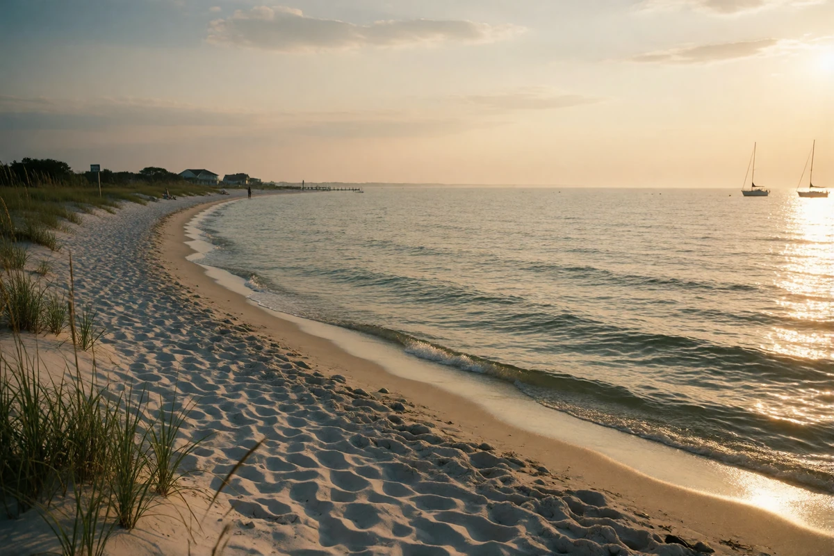 Calm Gulf coastline at golden hour with warm light on the water near Houston