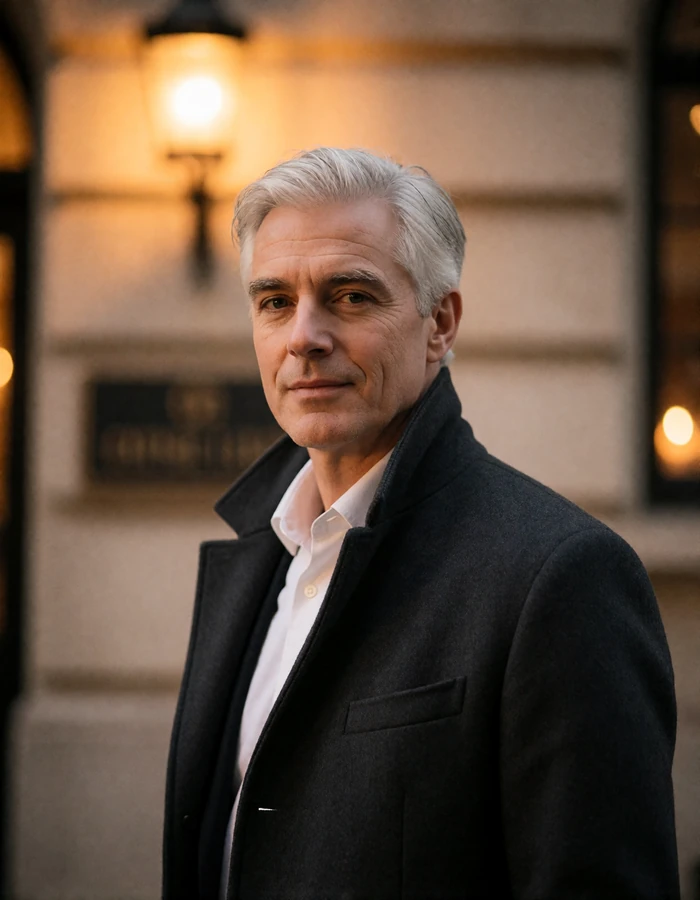 Distinguished silver-haired man in a charcoal overcoat outdoors at dusk, an illustrative verified member profile