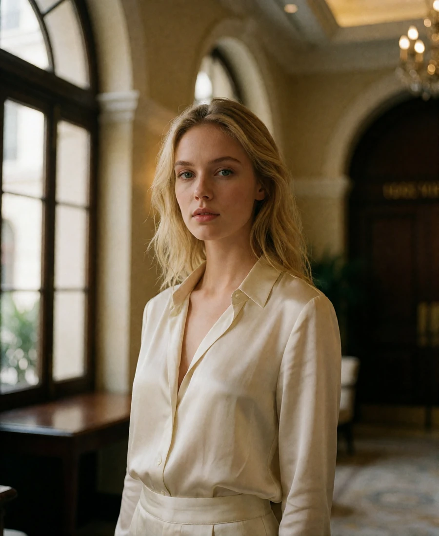 Poised blonde woman in an ivory silk blouse standing beside tall arched windows of an upscale hotel lobby