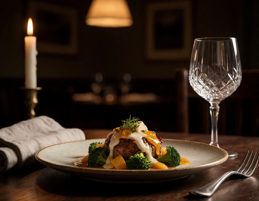 Elevated Southern tasting plate on a dark wooden table with a crystal wine glass under warm candlelight