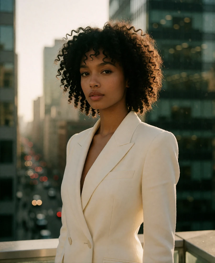 Graceful young woman in an ivory blazer standing on a high Atlanta terrace at dusk with city towers behind her
