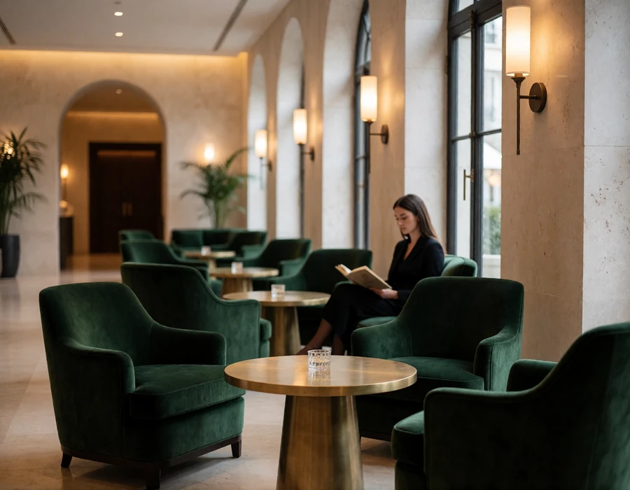 Refined hotel lobby lounge in San Antonio with deep green velvet armchairs and warm sconce lighting
