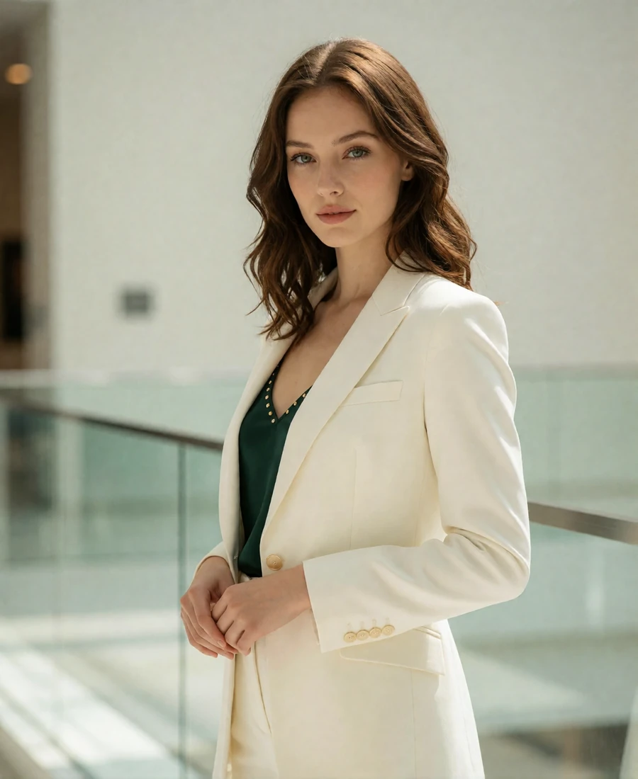 Chestnut-haired woman in an ivory suit standing in a bright modern gallery atrium