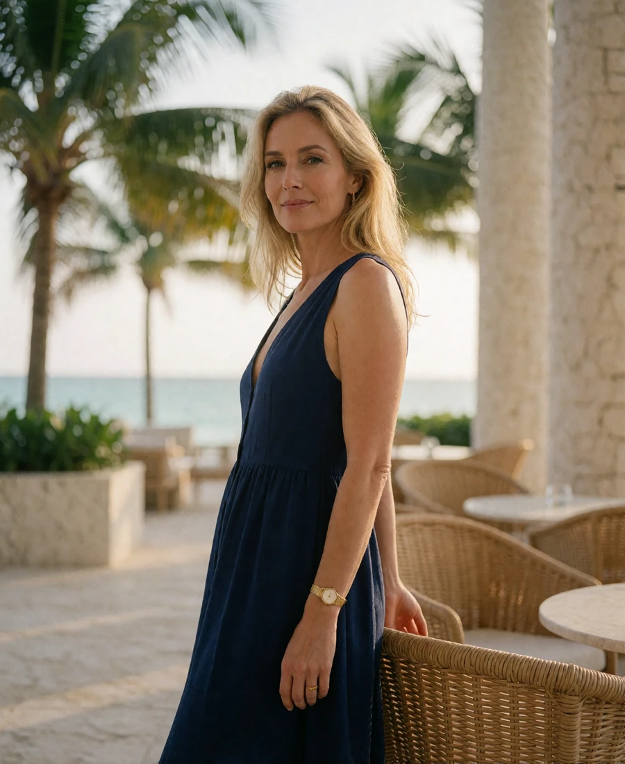 Woman in her forties in a navy sundress standing in an open-air lounge at an upscale Miami Beach hotel